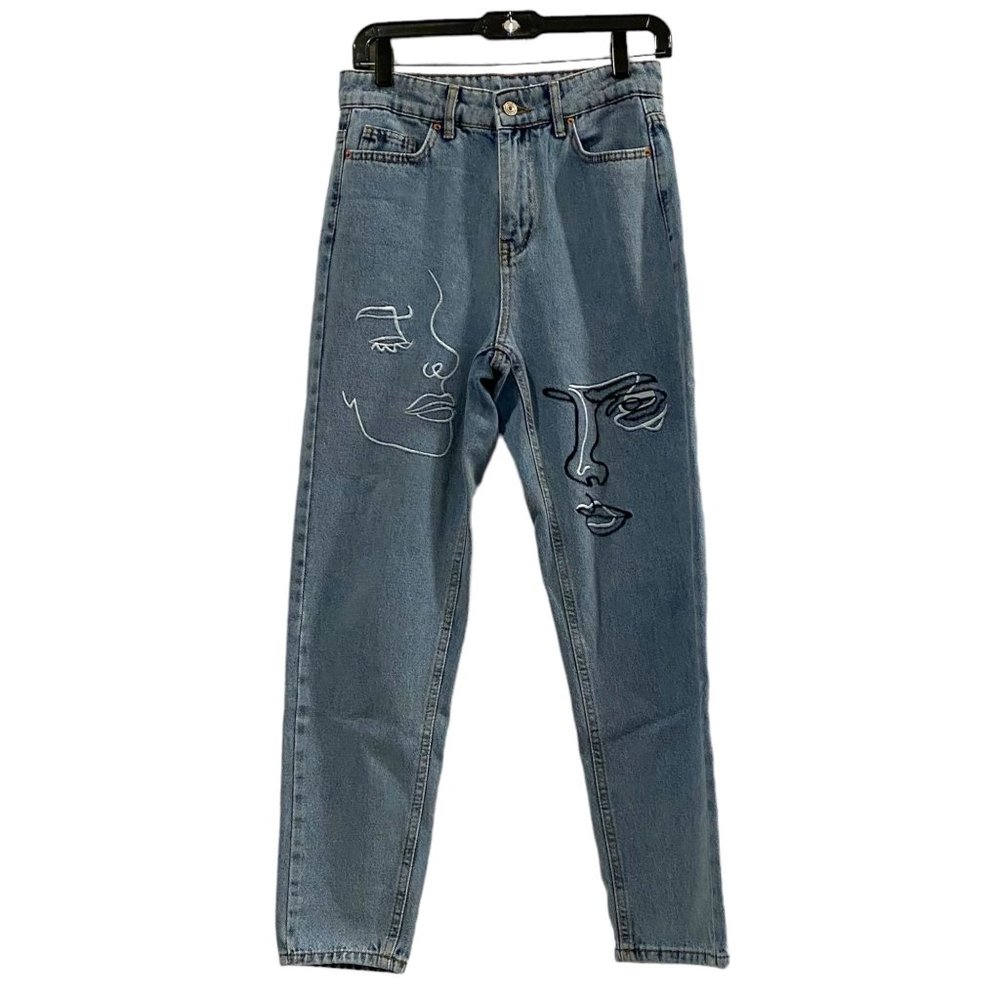 Abstract Non-Brand Denim Jeans with Embroidered Faces 28